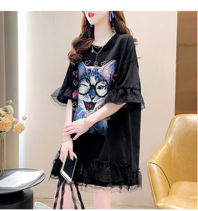 話題沸騰中 キュート ゆったり ロング丈 切り替え 2色半袖Tシャツ<ins-8133>