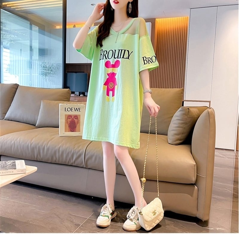 売り切れ必至 セクシー Vネック 切り替え チュール プリントTシャツ ゆったりワンピース <ins-3050>