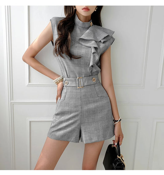 美人度アップ上品 知的 フリル 千鳥格子 半袖Tシャツⅹパンツセット全2色<ins-8199>