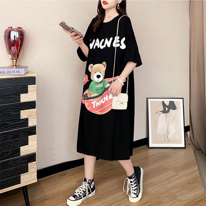 スタイリッシュ カジュアル プリント Tシャツ カットソー ワンピース<ins-8285>