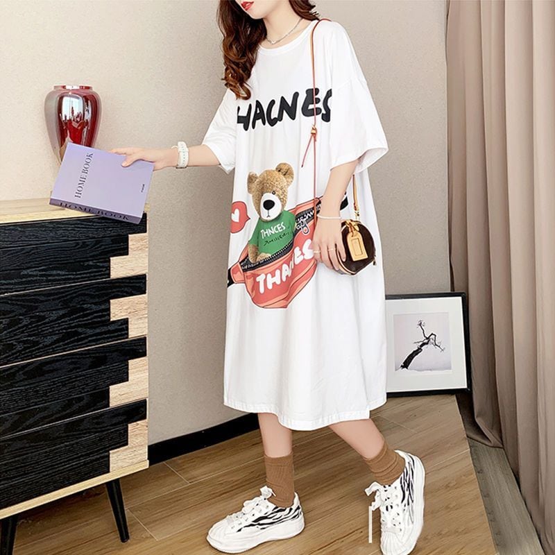 スタイリッシュ カジュアル プリント Tシャツ カットソー ワンピース<ins-8285>