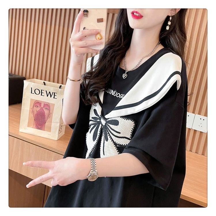 夏新作 キュート レイヤード風 プリントTシャツ 2色 ゆったり半袖<ins-8226>