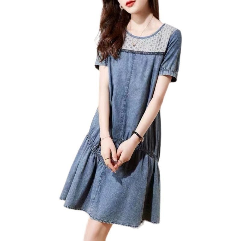 絶対欲しい ファッション 切り替え デニム 半袖ワンピース<ins-8355>