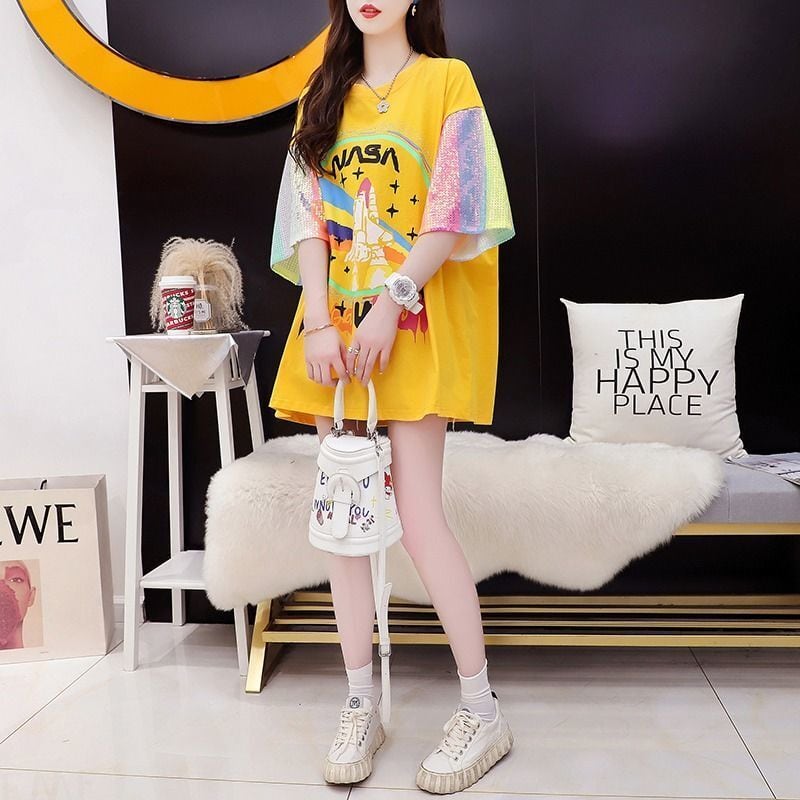 新作 切り替え プリント ピンク プリント スパンコール  全3色 半袖Tシャツ<ins-8165>