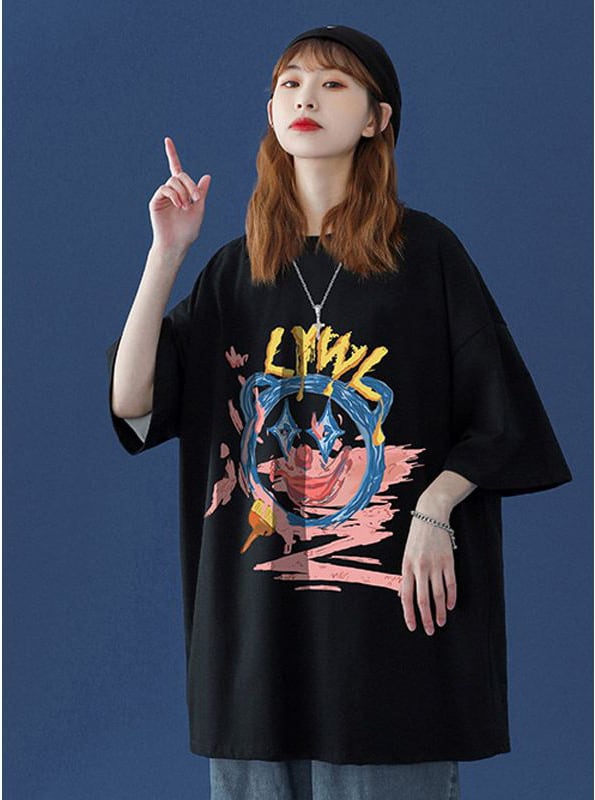 話題沸騰中 カジュアル  ゆったり プリント 2色半袖Tシャツ<ins-8159>