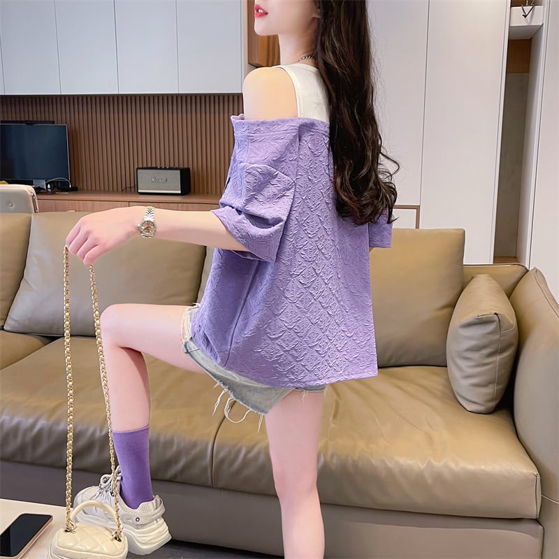 新商品 カジュアル ゆったり プリント オープンショルダー 2色 半袖Tシャツ<ins-8282>