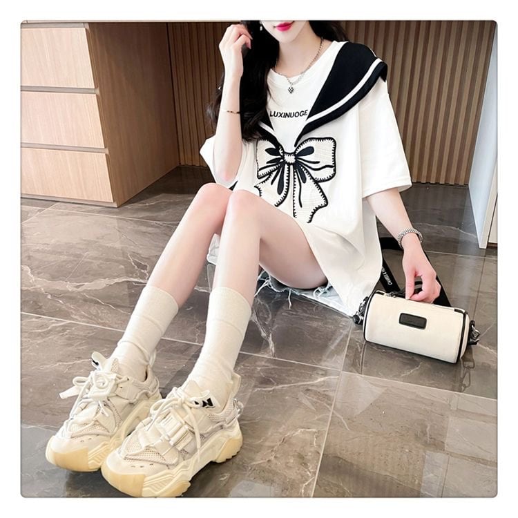 夏新作 キュート レイヤード風 プリントTシャツ 2色 ゆったり半袖<ins-8226>