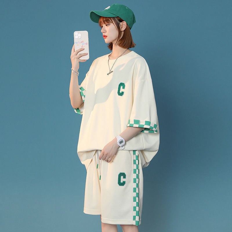 超人気 ルーズ 切り替え 半袖Tシャツⅹパンツセット全2色 <ins-8209>
