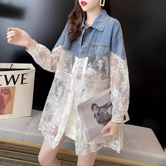 新作UVカットゆったりレース刺デニムシャツ <ins-1773>