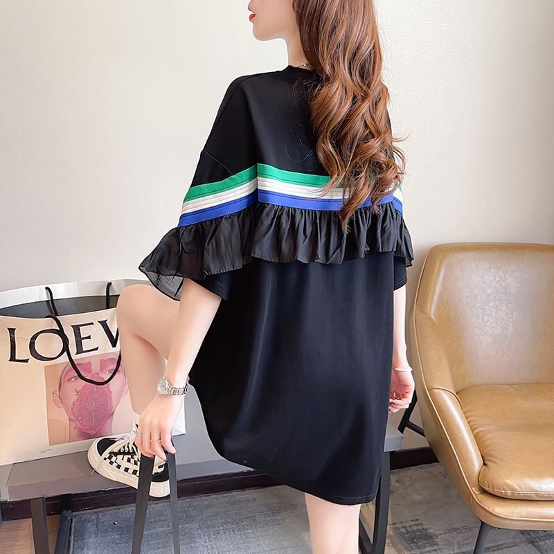 新商品 キュート 切り替え ゆったり 全2色 半袖Tシャツ<ins-8349>