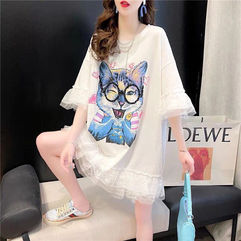 話題沸騰中 キュート ゆったり ロング丈 切り替え 2色半袖Tシャツ<ins-8133>