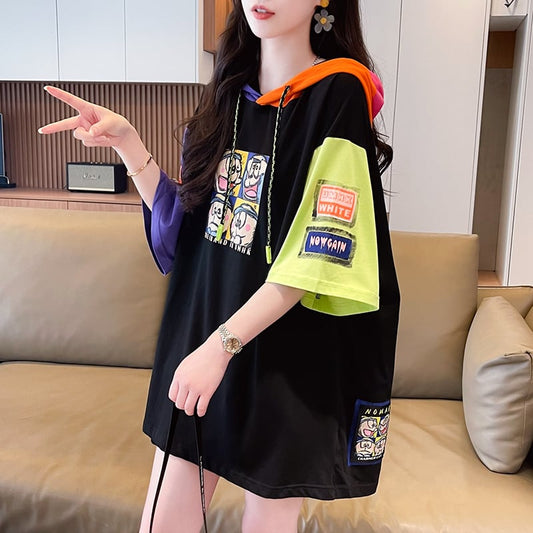 絶対流行 カジュアル プリント 切り替え 半袖Tシャツ カットソー<ins-8247>