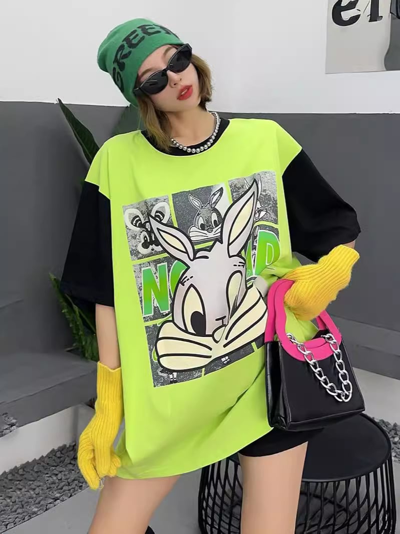 売り切れ必至 個性派 カジュアル プリント 切り替え 半袖Tシャツ<ins-8268>