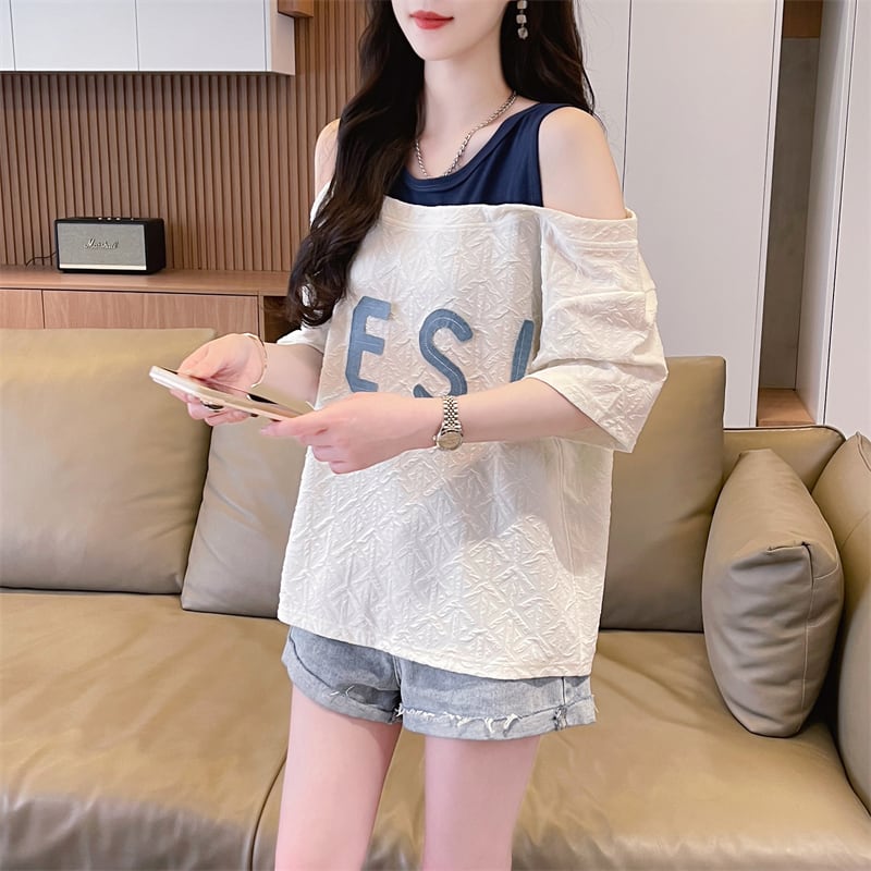 新商品 カジュアル ゆったり プリント オープンショルダー 2色 半袖Tシャツ<ins-8282>