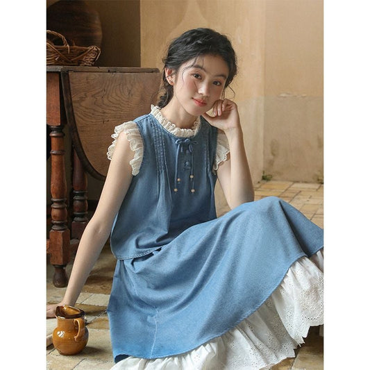 売り切れ必至 デニム 切り替え ブラウス+ワンピース セットアップ<ins-8361>