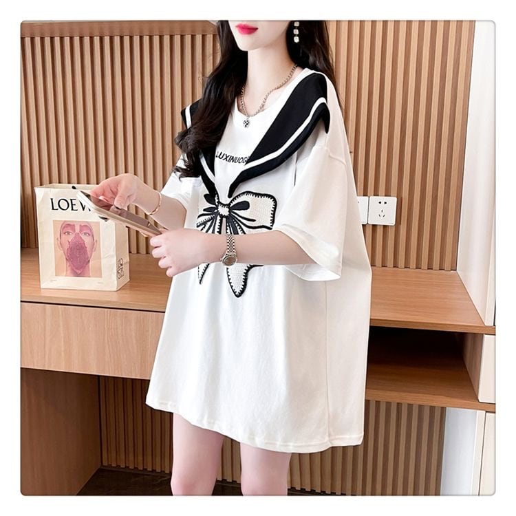 夏新作 キュート レイヤード風 プリントTシャツ 2色 ゆったり半袖<ins-8226>