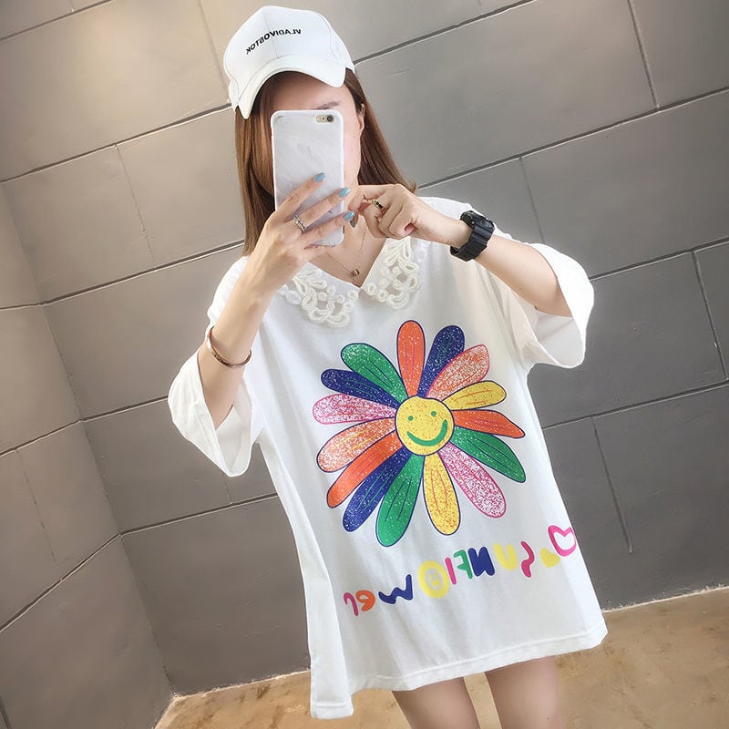 大人可愛い ゆったり ロング丈 切り替え 三色半袖Tシャツ<ins-8129>