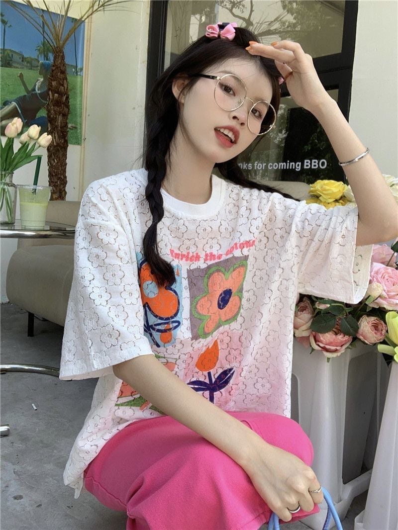 新作 透かし彫り プリント ゆったり 半袖 Tシャツ <ins-8089>
