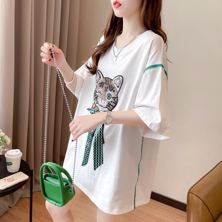 質感のいい 立体のリボン 猫刺繍 ロング Tシャツ ゆったり半袖 <ins-2919>