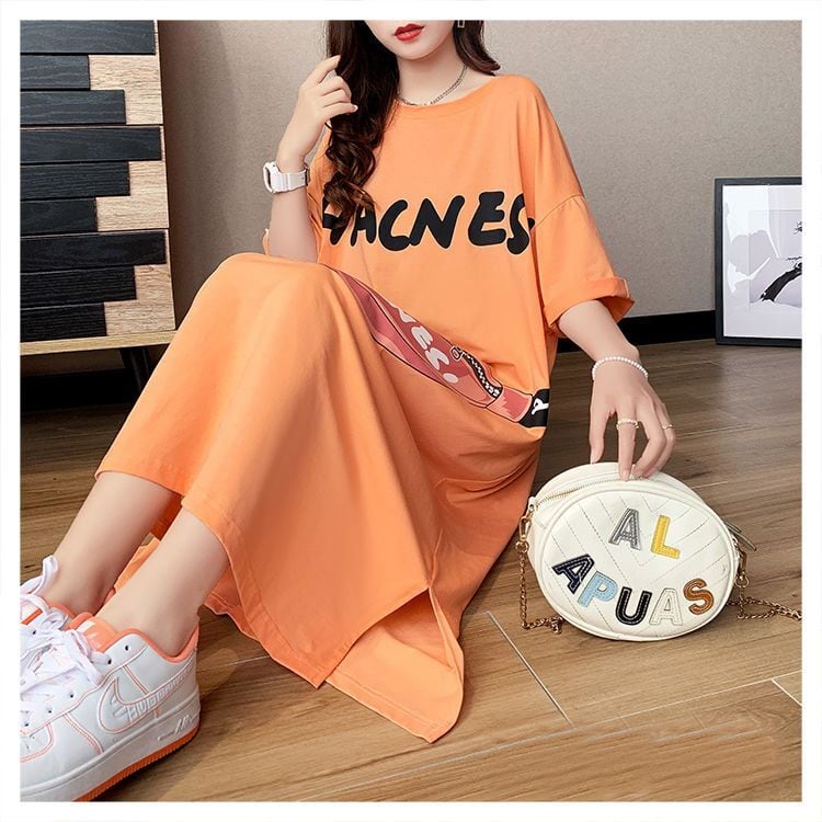 スタイリッシュ カジュアル プリント Tシャツ カットソー ワンピース<ins-8285>