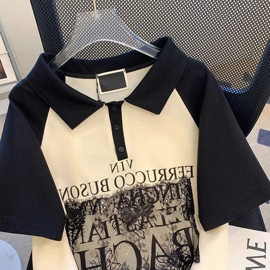 売り切れ必至 ファッション 切り替え プリント 半袖Tシャツ カットソー<ins-8250>