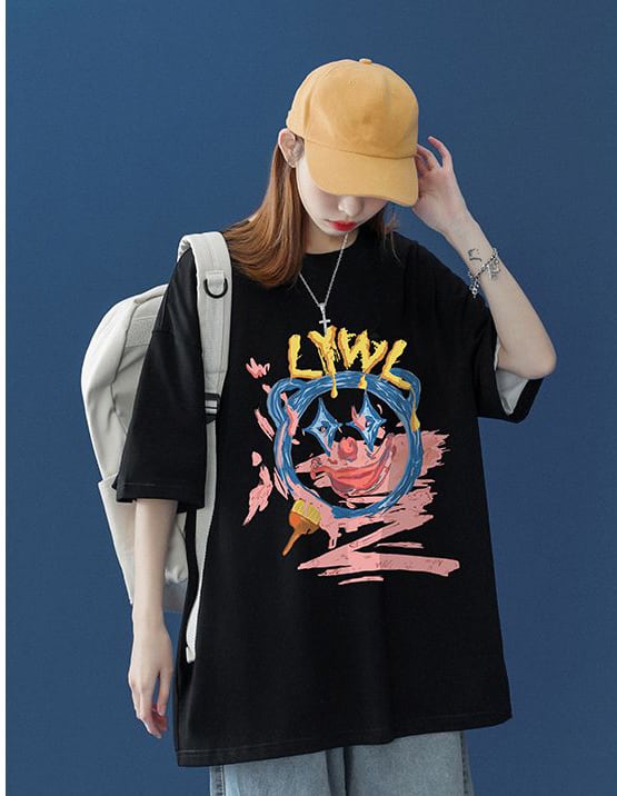 話題沸騰中 カジュアル  ゆったり プリント 2色半袖Tシャツ<ins-8159>