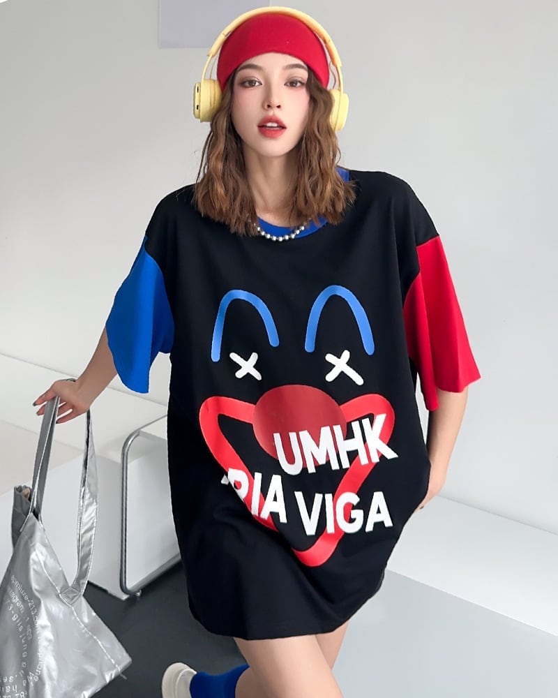 お勧めカラーマッチング ビッグロゴ ゆったり 半袖Tシャツ 全2色<ins-4838>