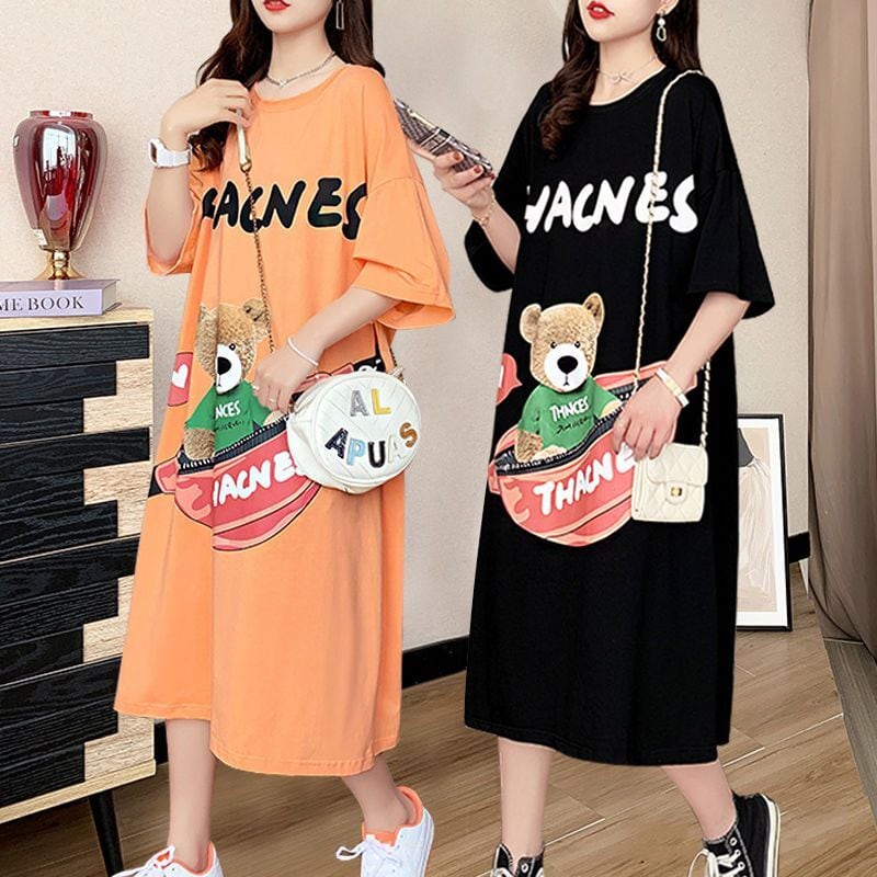 スタイリッシュ カジュアル プリント Tシャツ カットソー ワンピース<ins-8285>