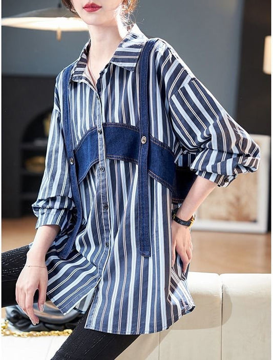 売り切れ必至 簡潔 オシャレ度満点 ストライプ柄 切り替え シャツ <ins-8079>