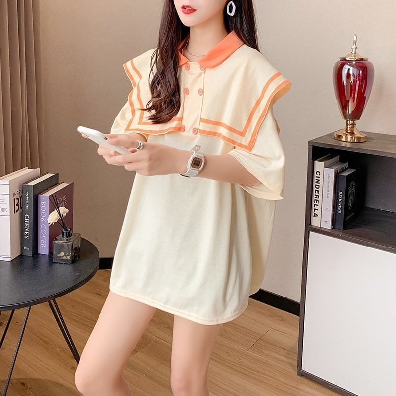 絶対欲しい セーラーカラー ロング Tシャツ 三色 ゆったりワンピース<ins-4028>