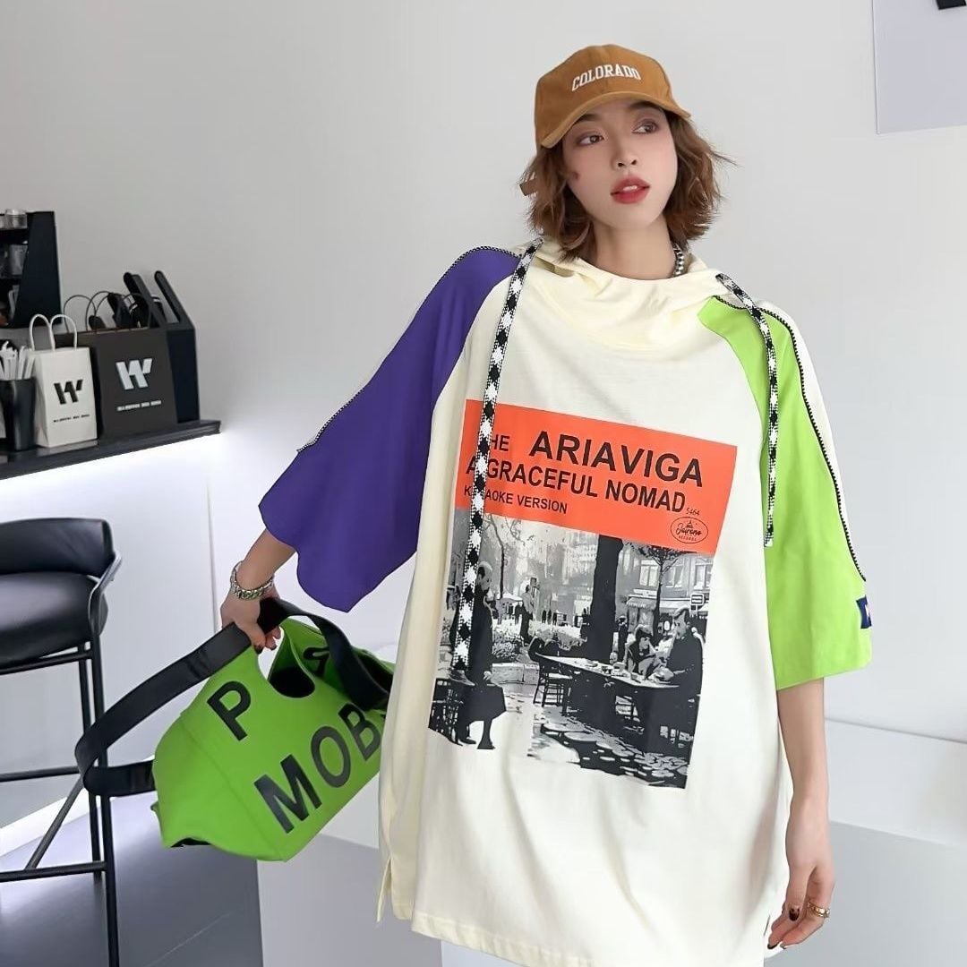 売り切れ必至 カジュアル プリント 切り替え 半袖Tシャツ カットソー<ins-8257>