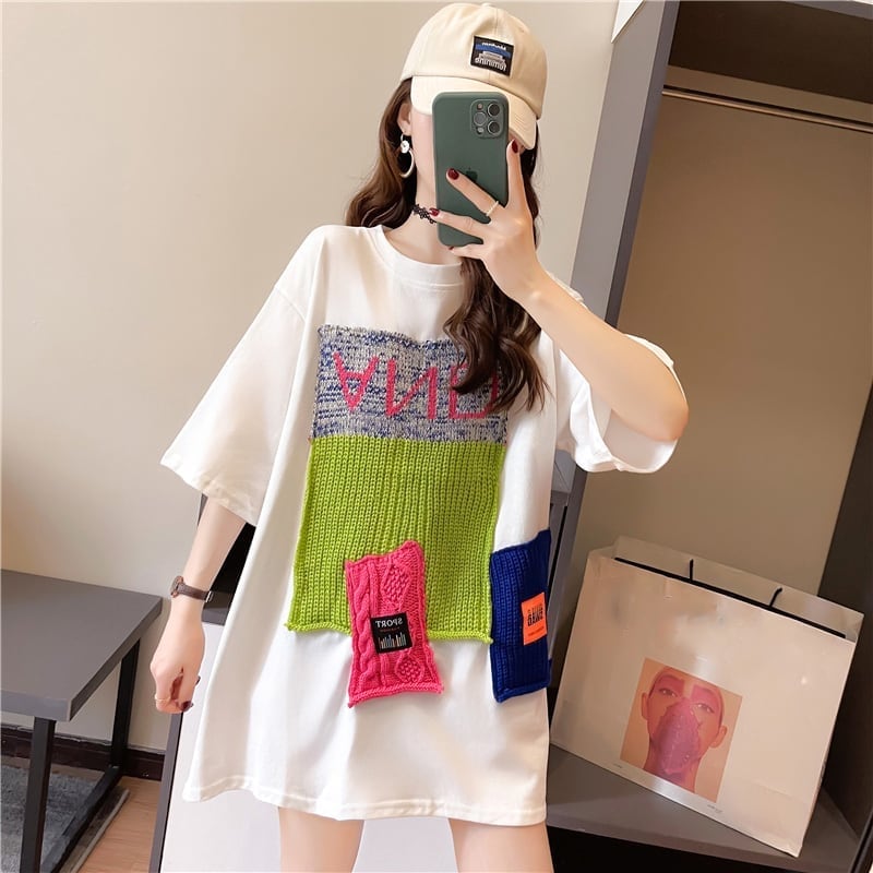 【半額!期間限定!!】ゆったりロング丈切り替え三色半袖Tシャツ<ins-1565>