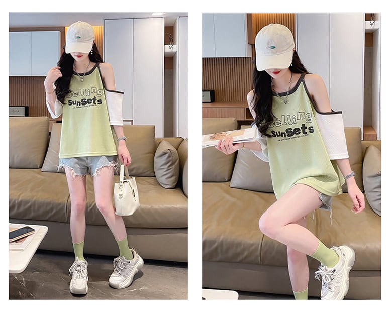 話題沸騰中 ロゴ プリント 肩だし 肌見せ 肩開き ゆったり 3色半袖Tシャツ<ins-8212>