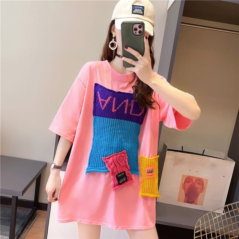 【半額!期間限定!!】ゆったりロング丈切り替え三色半袖Tシャツ<ins-1565>