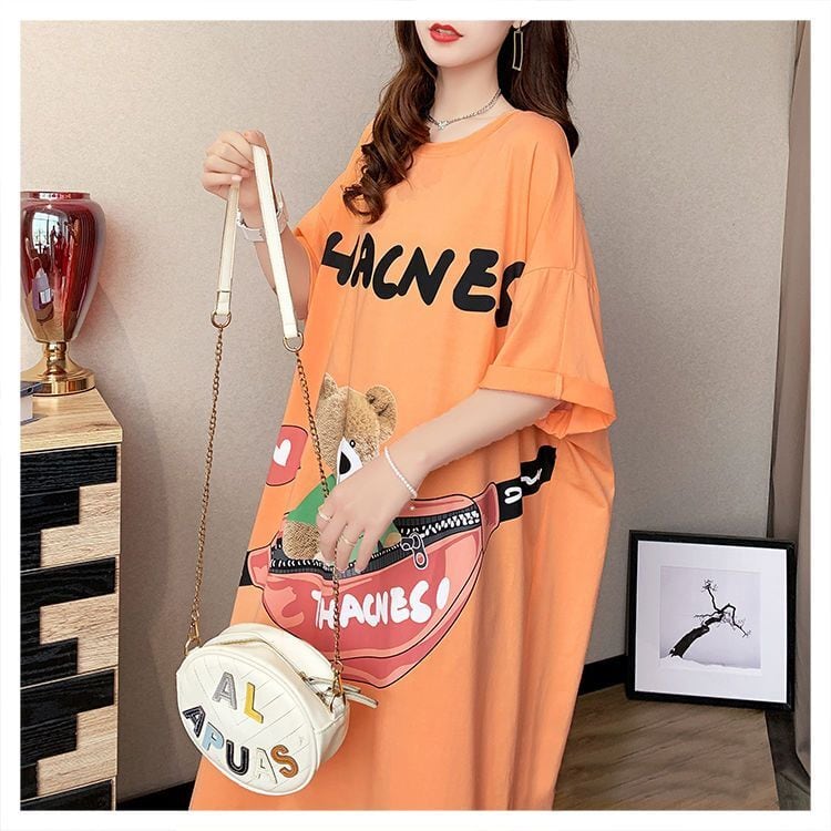 スタイリッシュ カジュアル プリント Tシャツ カットソー ワンピース<ins-8285>