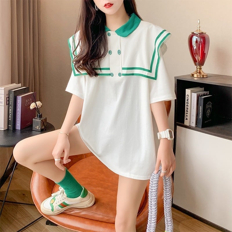 絶対欲しい セーラーカラー ロング Tシャツ 三色 ゆったりワンピース<ins-4028>