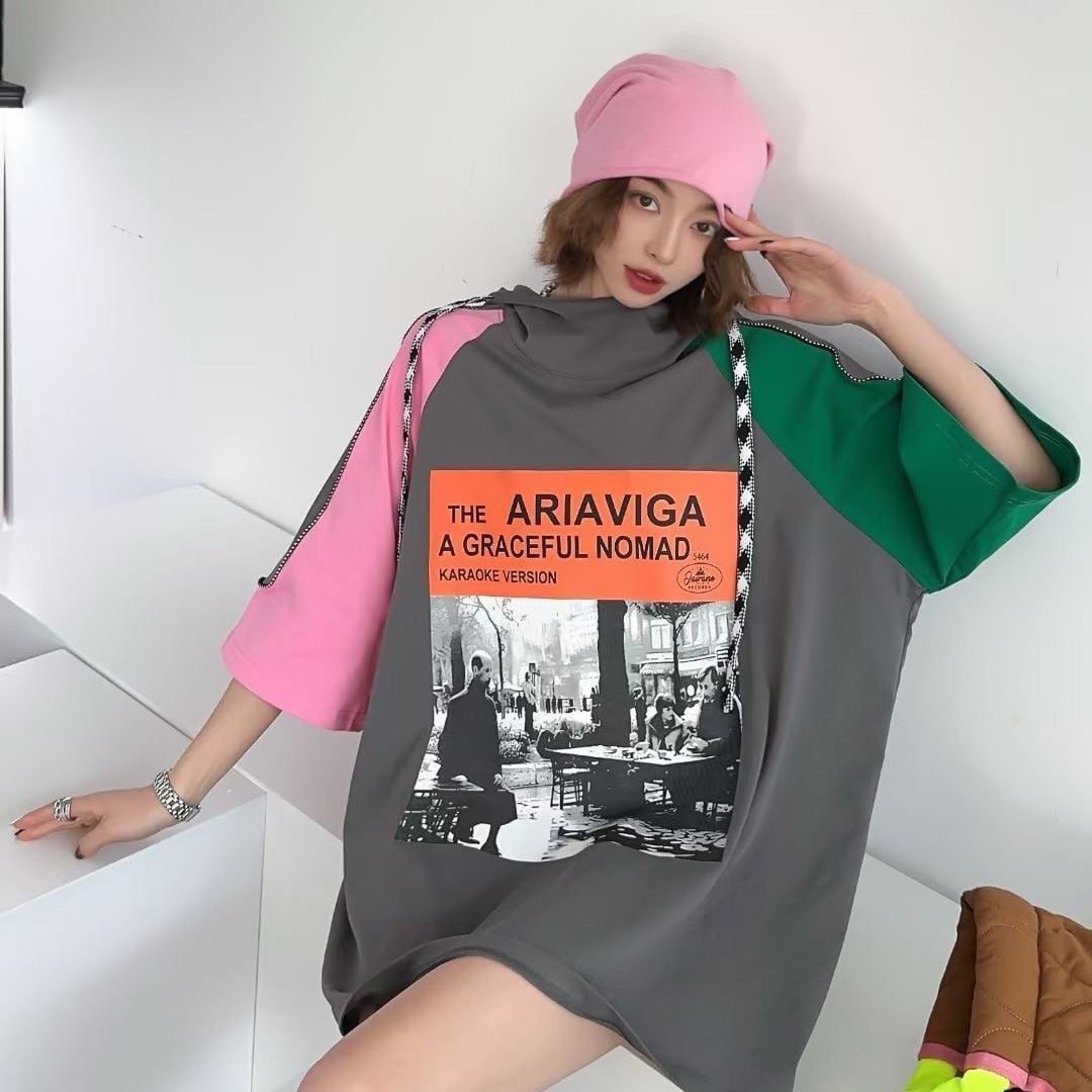 売り切れ必至 カジュアル プリント 切り替え 半袖Tシャツ カットソー<ins-8257>