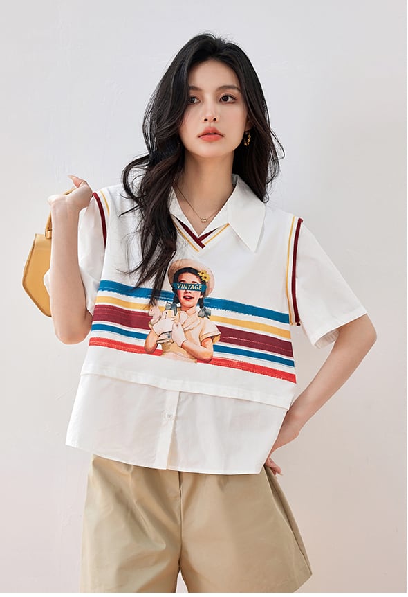 話題沸騰中 個性的なデザイン 一目惚れ レイヤード風 Tシャツ カットソー<ins-8331>