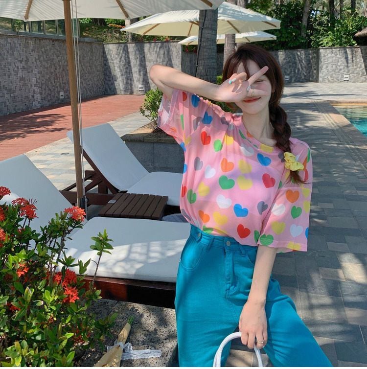 話題沸騰中 キュート カラーマッチング 2色 半袖Tシャツ<ins-8155>