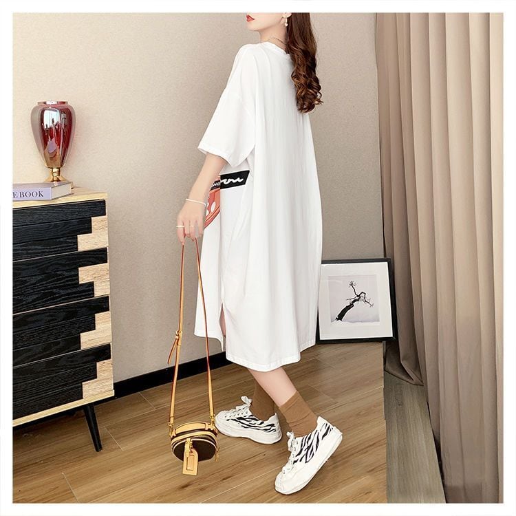 スタイリッシュ カジュアル プリント Tシャツ カットソー ワンピース<ins-8285>