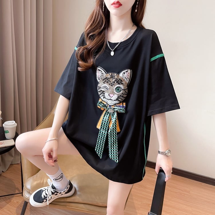 質感のいい 立体のリボン 猫刺繍 ロング Tシャツ ゆったり半袖 <ins-2919>