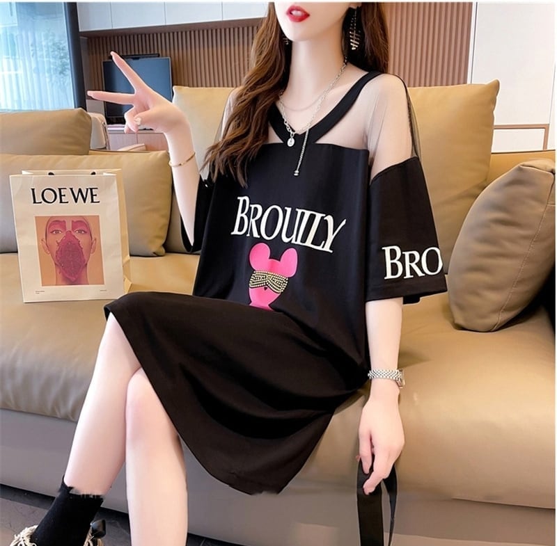 売り切れ必至 セクシー Vネック 切り替え チュール プリントTシャツ ゆったりワンピース <ins-3050>