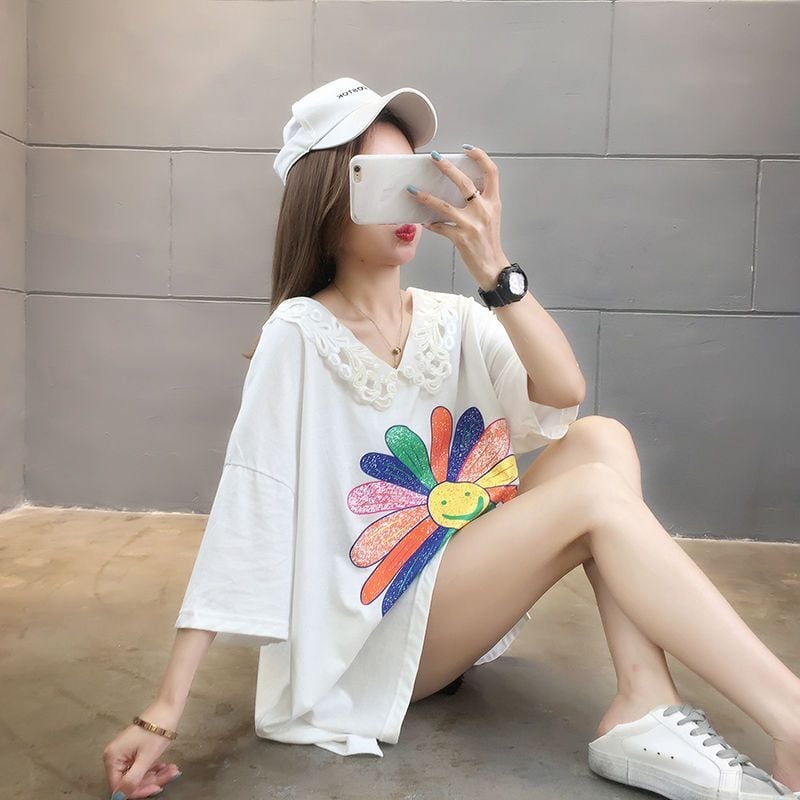 大人可愛い ゆったり ロング丈 切り替え 三色半袖Tシャツ<ins-8129>