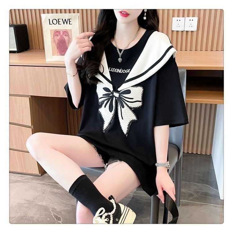 夏新作 キュート レイヤード風 プリントTシャツ 2色 ゆったり半袖<ins-8226>