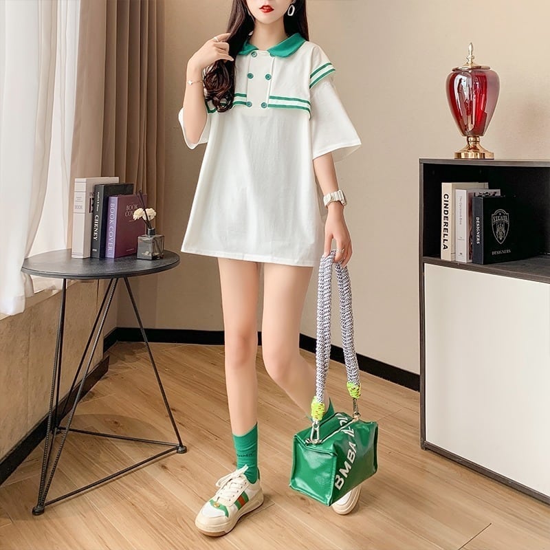 絶対欲しい セーラーカラー ロング Tシャツ 三色 ゆったりワンピース<ins-4028>