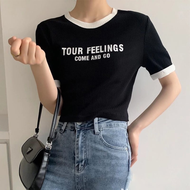 ゆったり感アップ ファッション アルファベット Tシャツ カットソー<ins-3077>