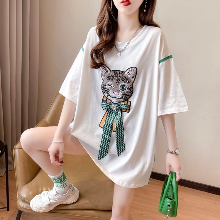 質感のいい 立体のリボン 猫刺繍 ロング Tシャツ ゆったり半袖 <ins-2919>
