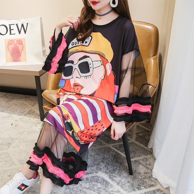 【ランキング上位】プリント お洒落 可愛い 着心地良い ロングTシャツワンピース <ins-887>