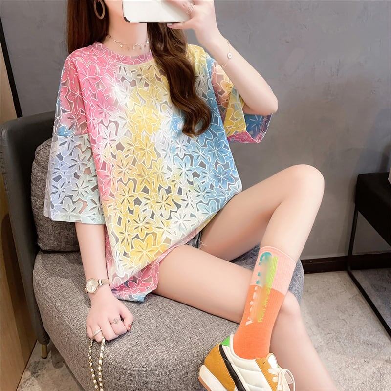 オシャレ度満点 スタイリッシュ ラウンドネック 透かし彫り Tシャツ カットソー<ins-2957>