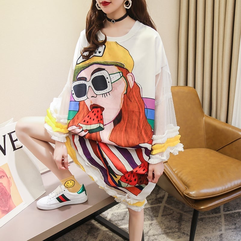 【ランキング上位】プリント お洒落 可愛い 着心地良い ロングTシャツワンピース <ins-887>